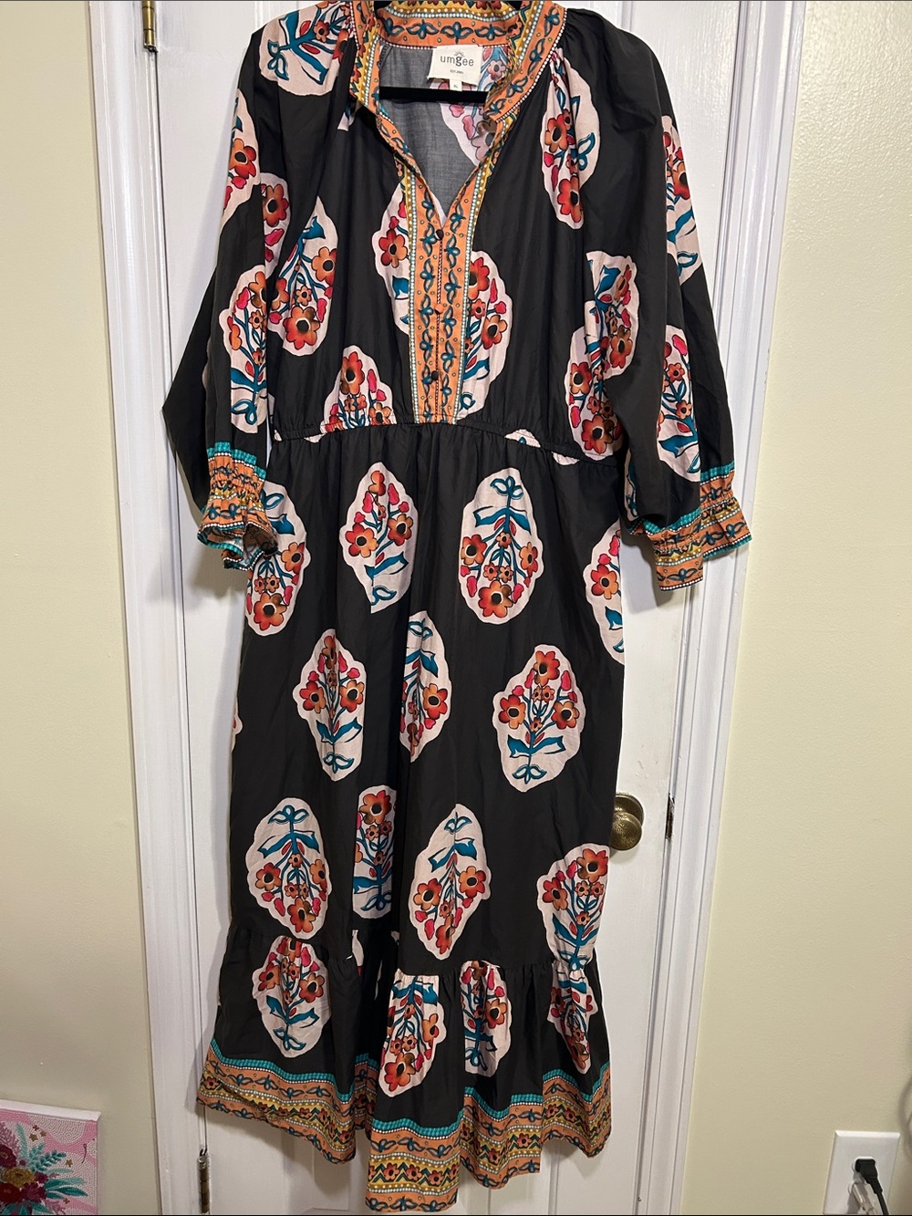 Umgee Brown Floral Boho Maxi Dress with Multicolor Trim, Sz XL